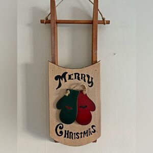 Vintage Wood Christmas Sled Wall Hanging Mittens Rustic Farmhouse Holiday Decor